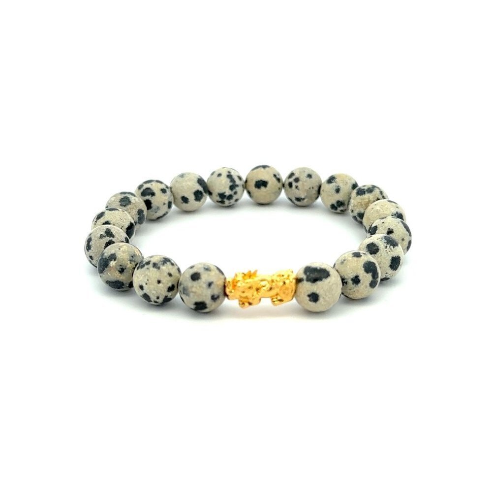 18K Gold Dragon Pixiu Piyao Lucky Charm Bracelet Gemstones Dalmatian Jasper 8mm